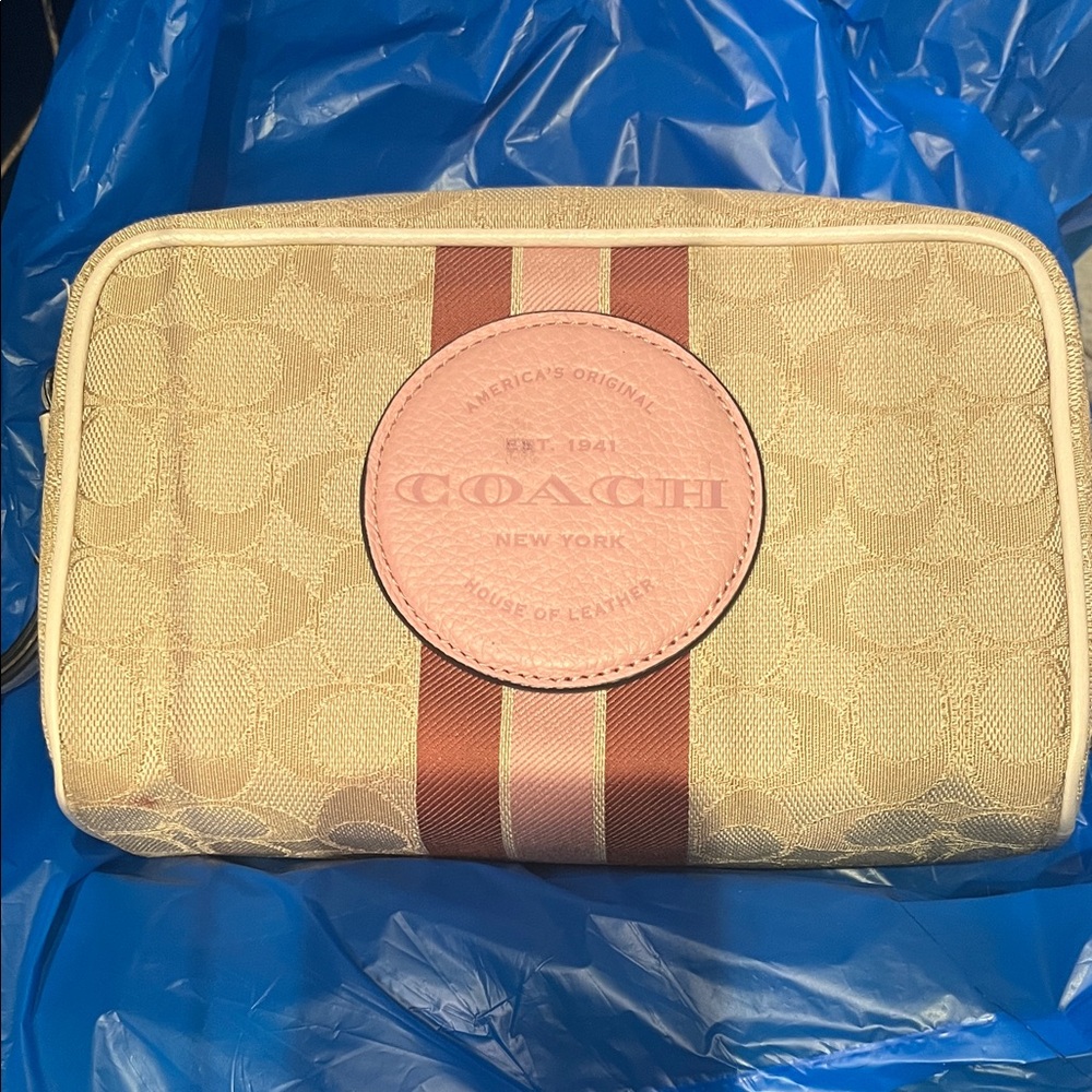Coach Beige and Brown Canvas Pouch with Pink Accent